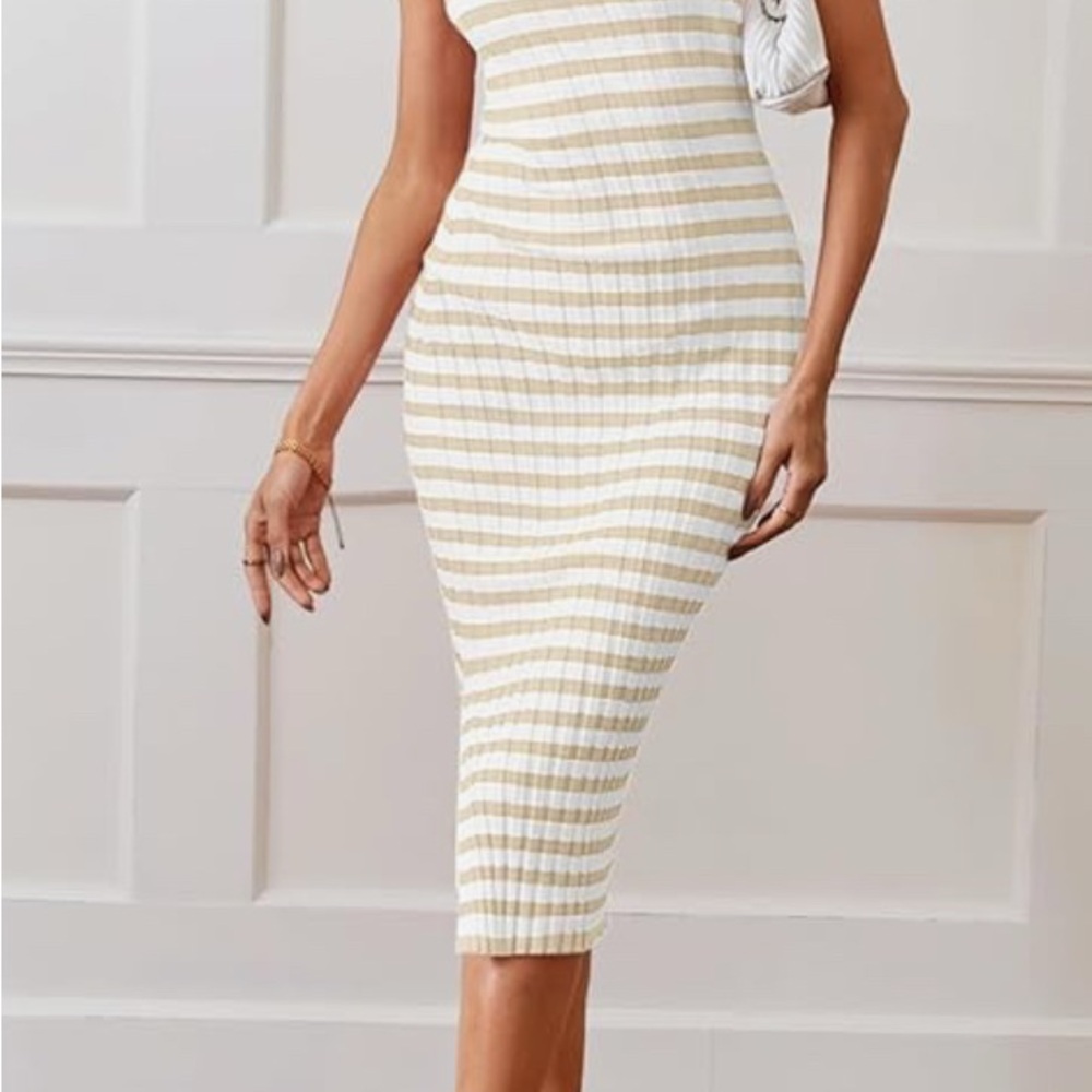 Striped Cream and White Midi Dress